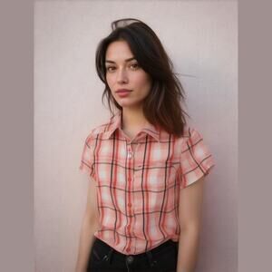 Columbia Orange Plaid Mesh Back Outdoor Omni-Shade Button Down SS Shirt Top M